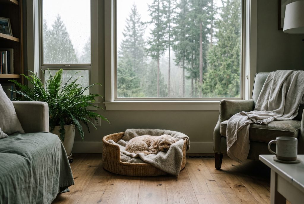 A puppy resting by a window that looks onto evergreen forest