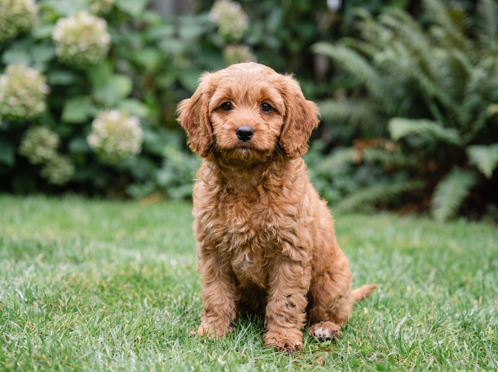 An apricot Cavapoo puppy standing on grass in a Portland garden