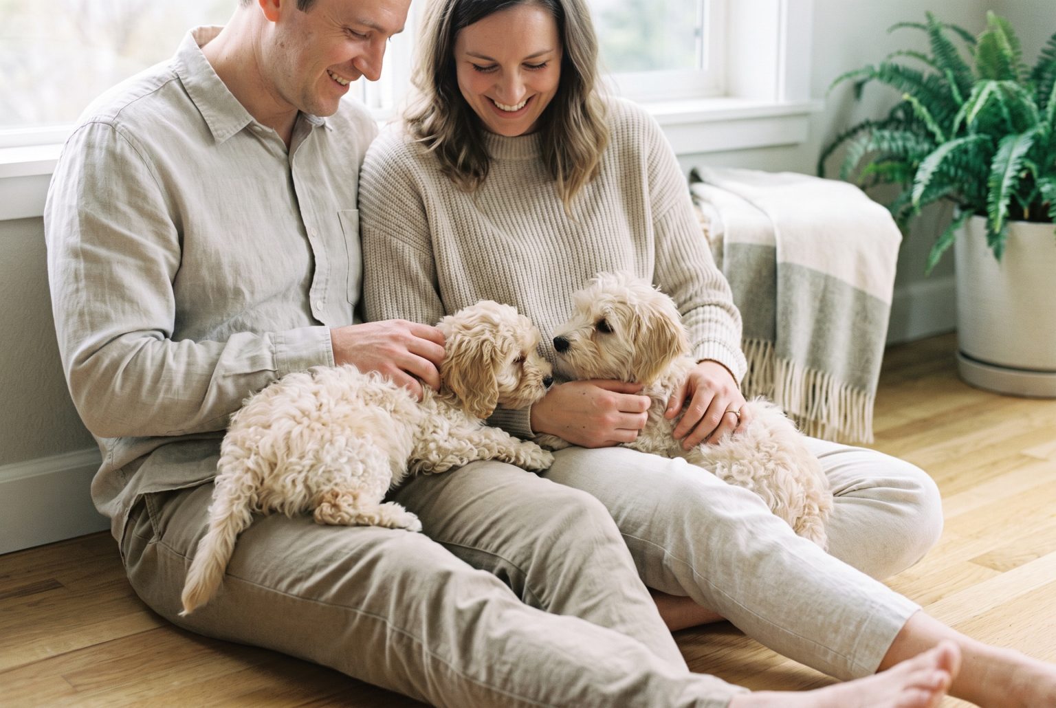 An Everpine puppy resting with the family in a bright Portland living room