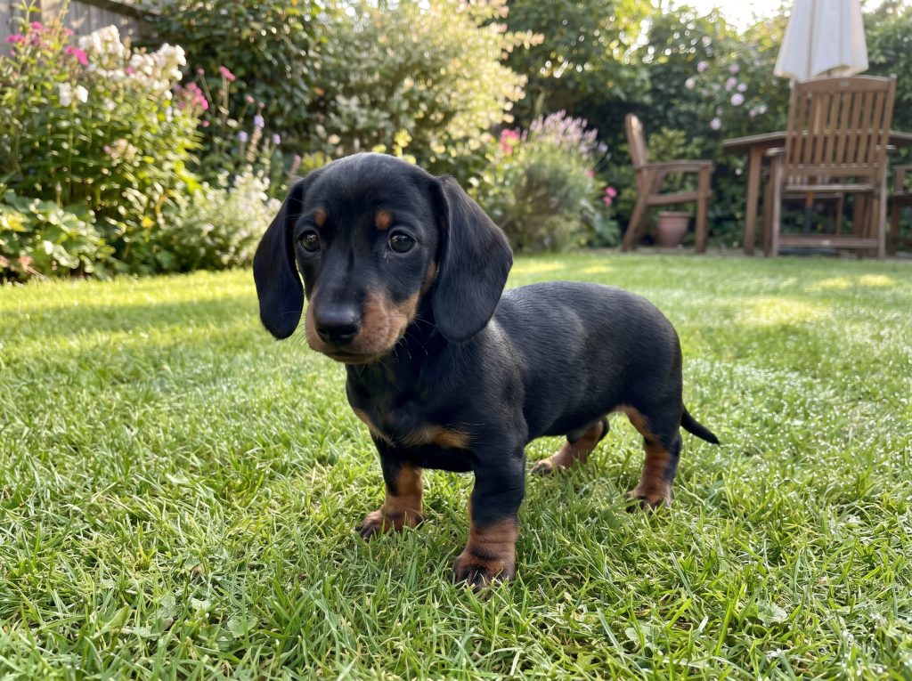 A black and tan Dachshund puppy standing on grass in a Portland garden