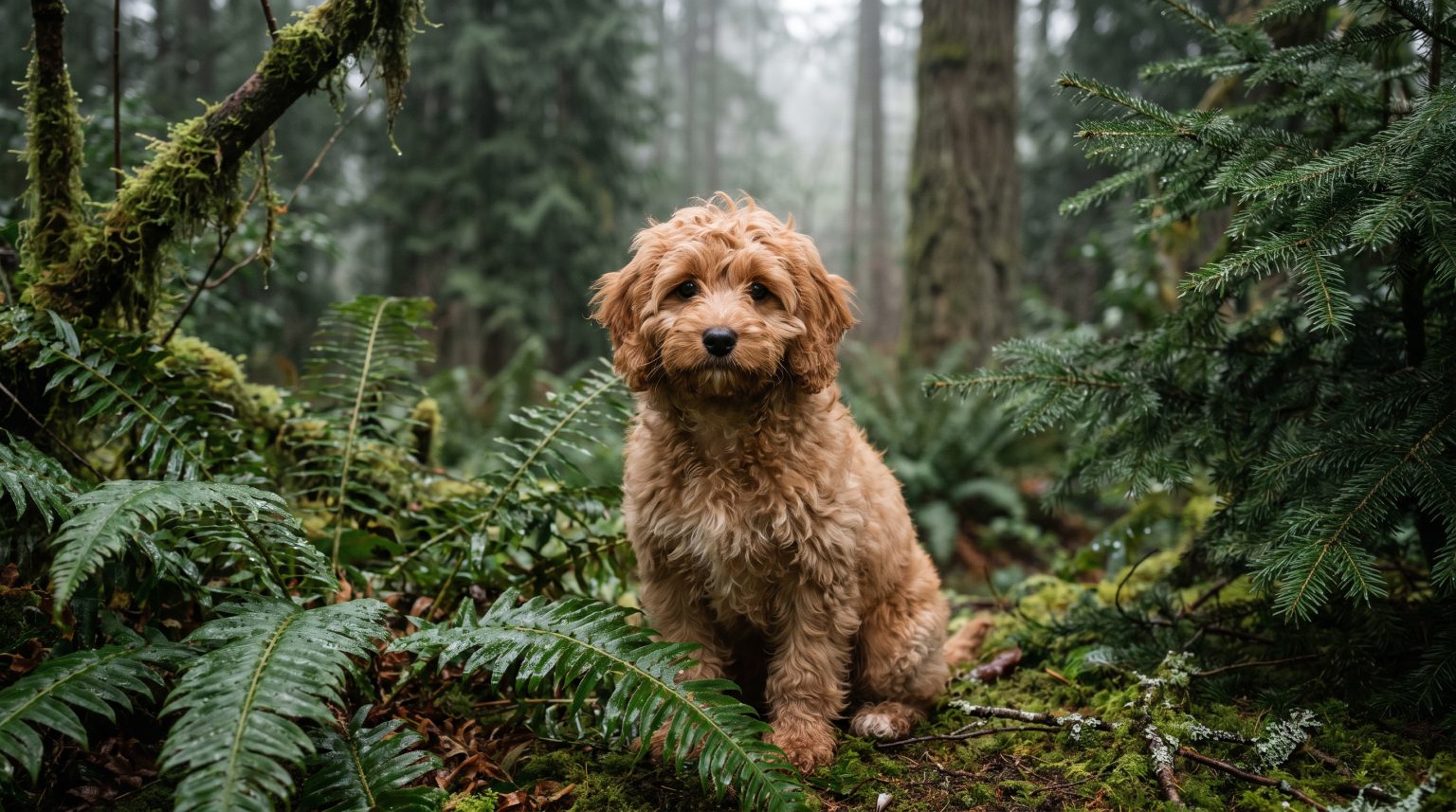 An apricot Cavapoo puppy in the Pacific Northwest forest