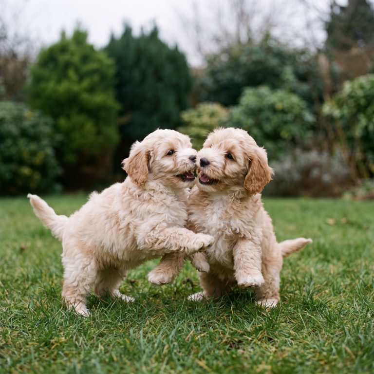 Two puppies playing on the grass