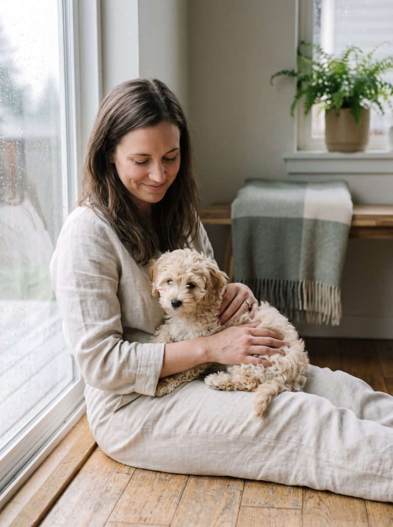 An Everpine puppy held at home in Portland, Oregon