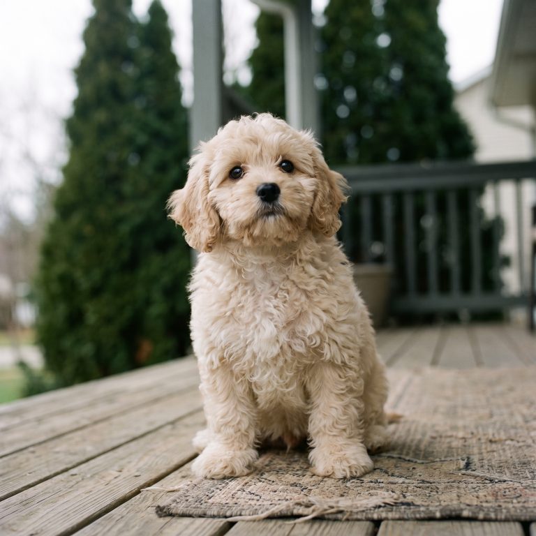 A puppy sitting on the porch