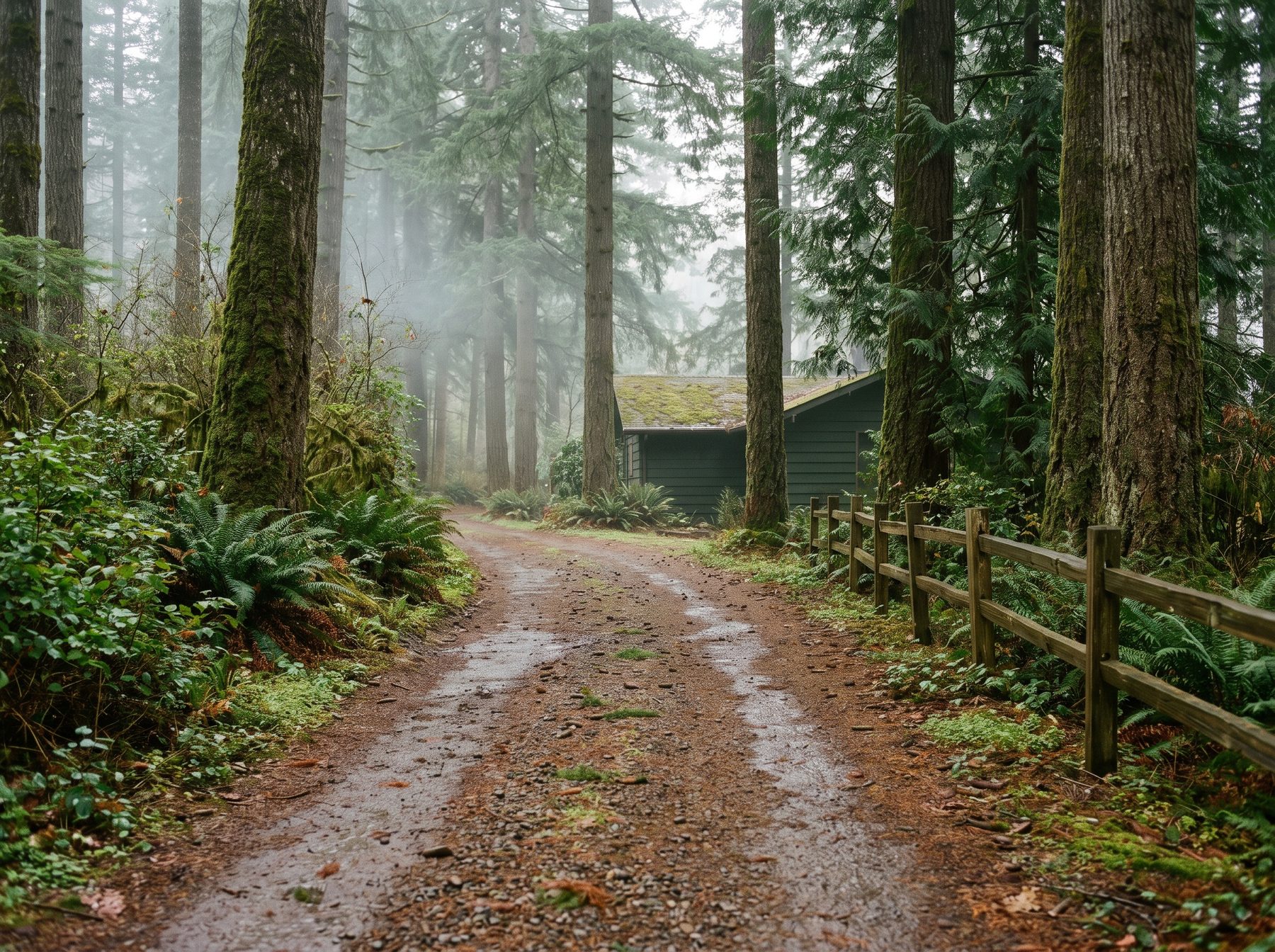 The gravel drive winding up to the Everpine property through Douglas firs on a misty morning
