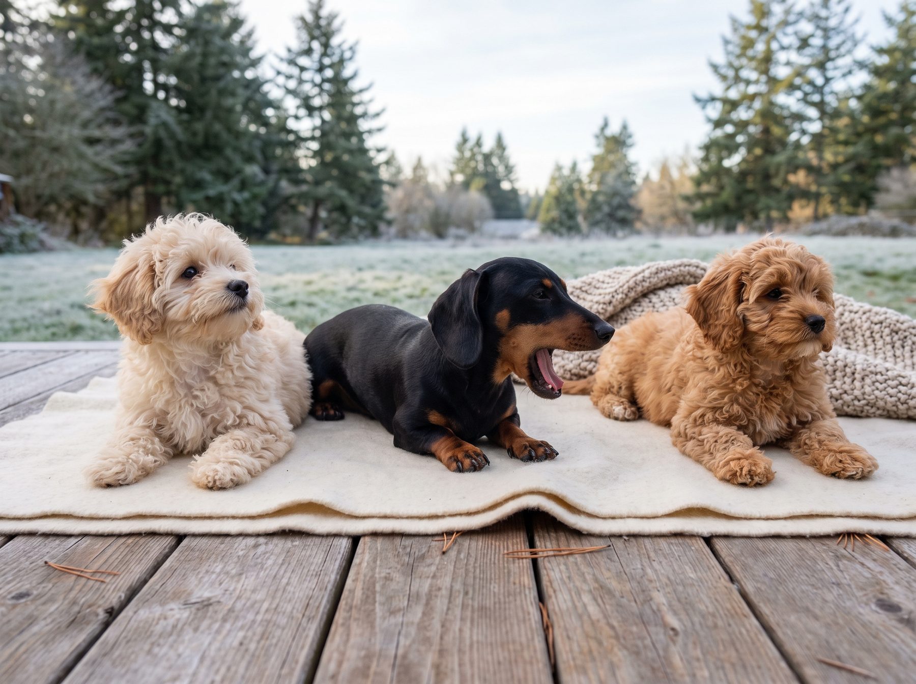 A maltipoo, a dachshund and a cavapoo puppy resting together on wool blankets on the Everpine deck on a frosty winter morning