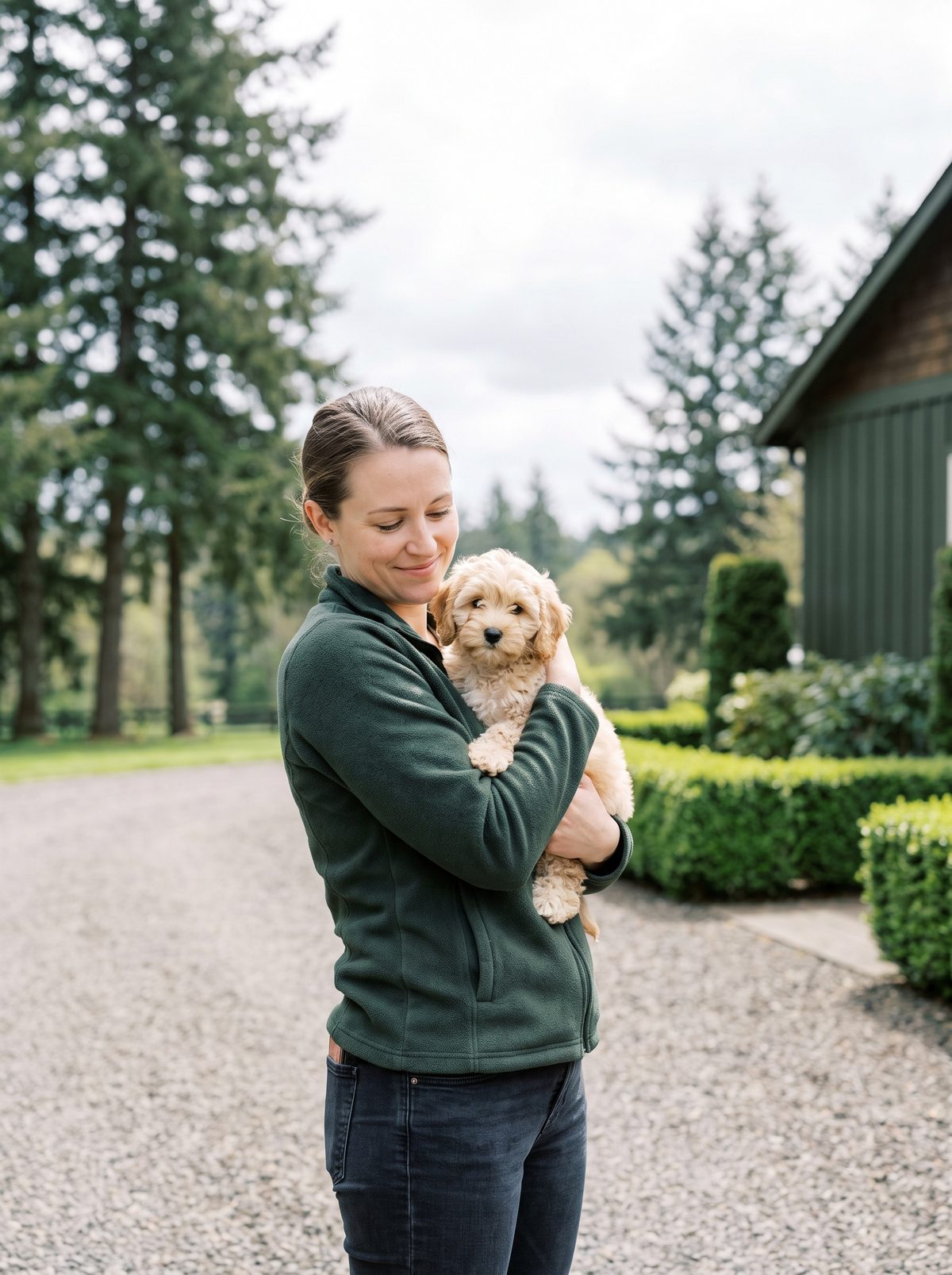 An Everpine courier holding a cavapoo puppy on the gravel drive at the Portland facility