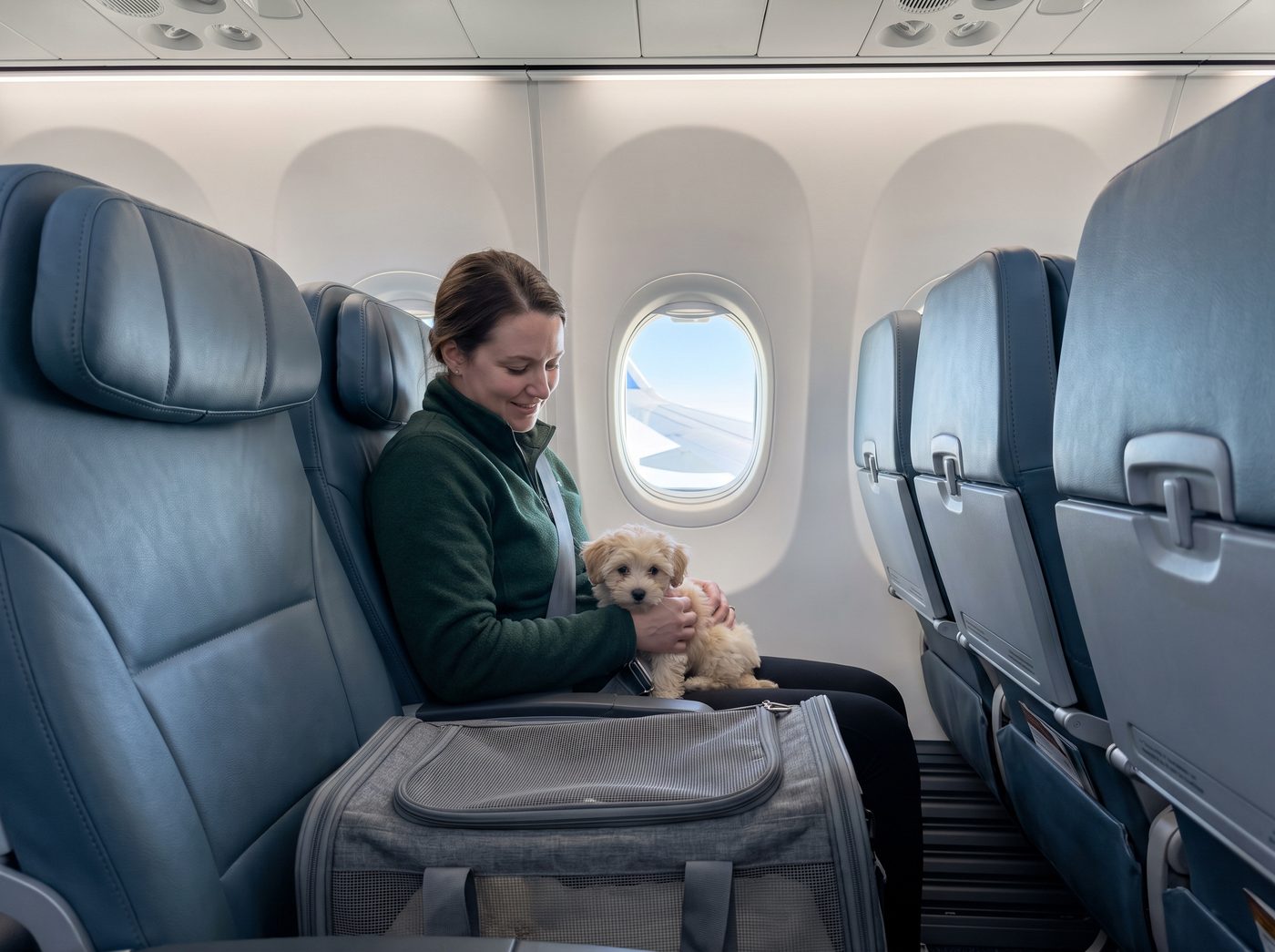 An Everpine chaperone holding a puppy on her lap in an aircraft cabin window seat with the travel carrier stowed under the seat in front