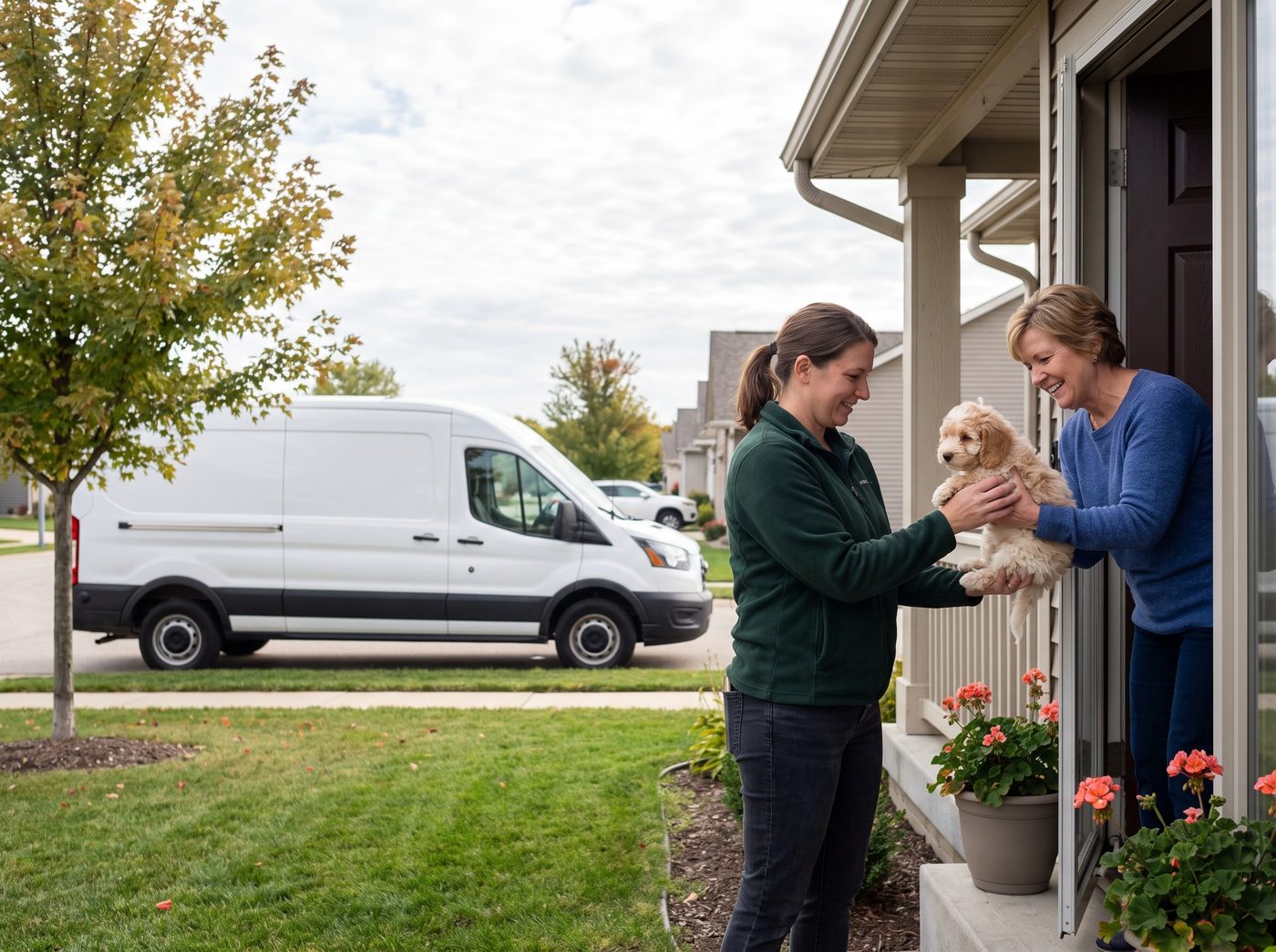 An Everpine courier handing a puppy to a family at their front door with the delivery van parked at the kerb