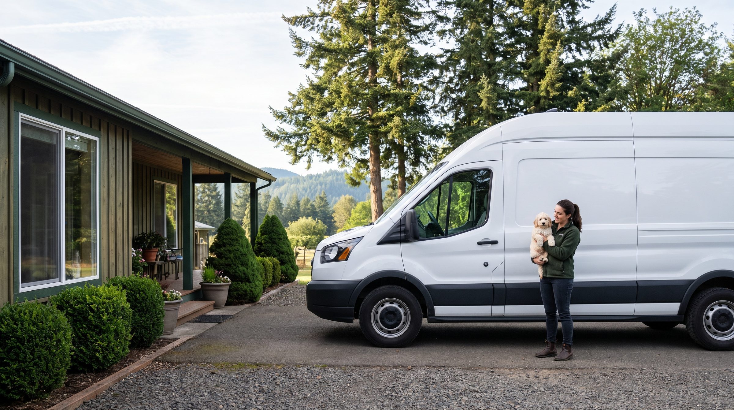 An Everpine courier holding a puppy beside the delivery van outside the Portland facility on a bright morning