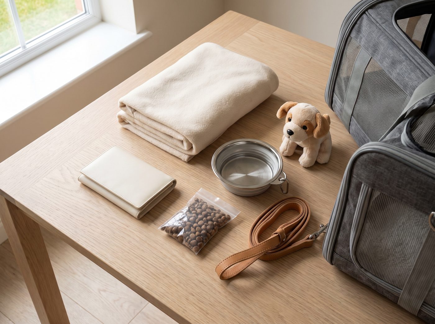 A puppy travel kit laid out on a pale oak table: document wallet, folded fleece blanket, collapsible water bowl, portioned food, lead, toy and a soft carrier