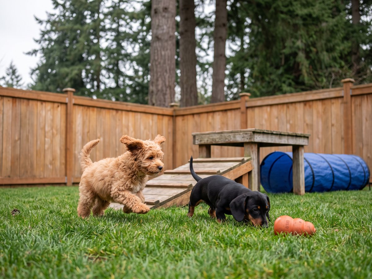 Puppies playing in a safe fenced enrichment area