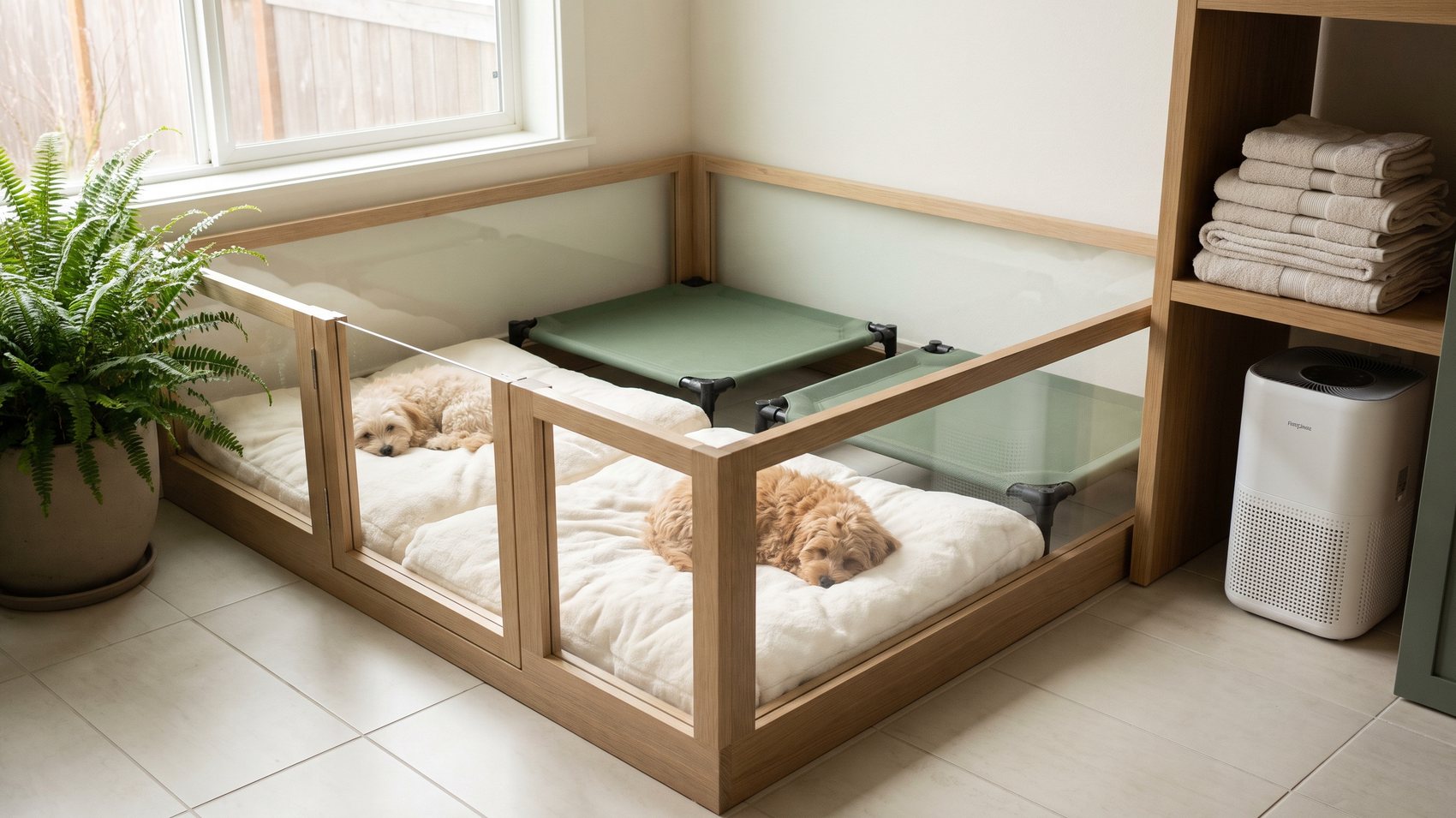 Clean home puppy nursery with soft bedding and raised beds