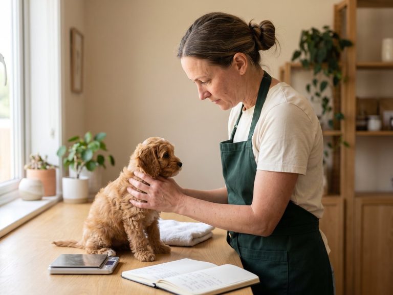 A puppy being weighed and checked before going home