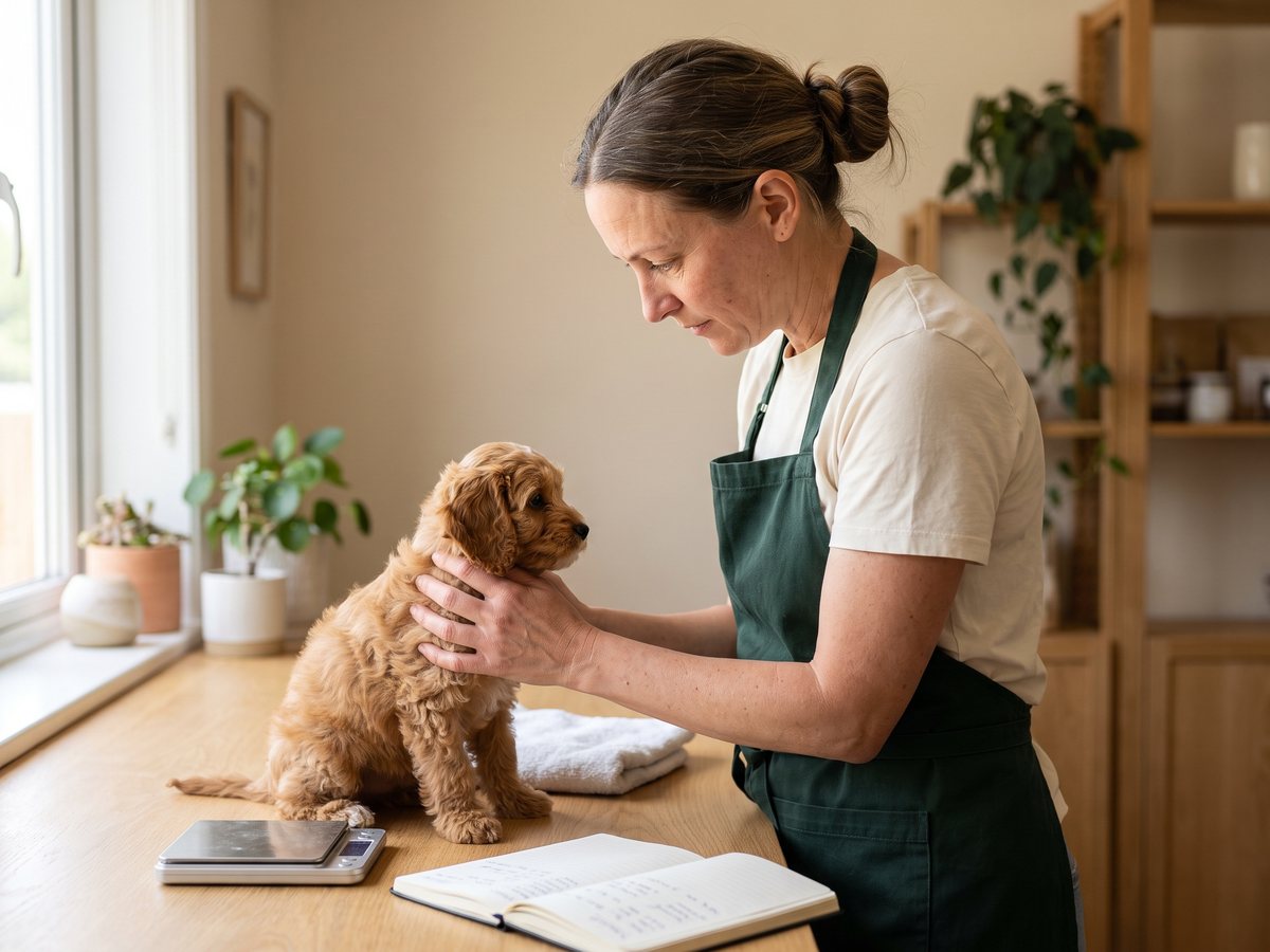 Caregiver performing a gentle wellness check on a Cavapoo puppy