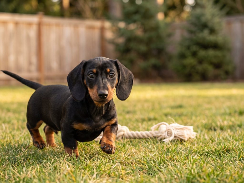 Dachshund puppy trotting across a sunlit lawn
