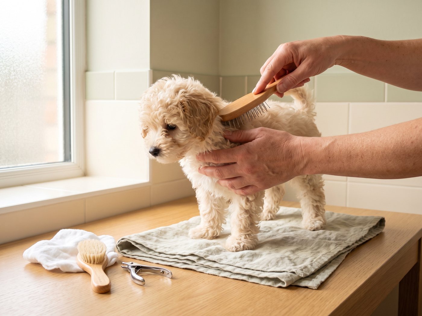 Gently brushing a cream Maltipoo puppy on a soft towel