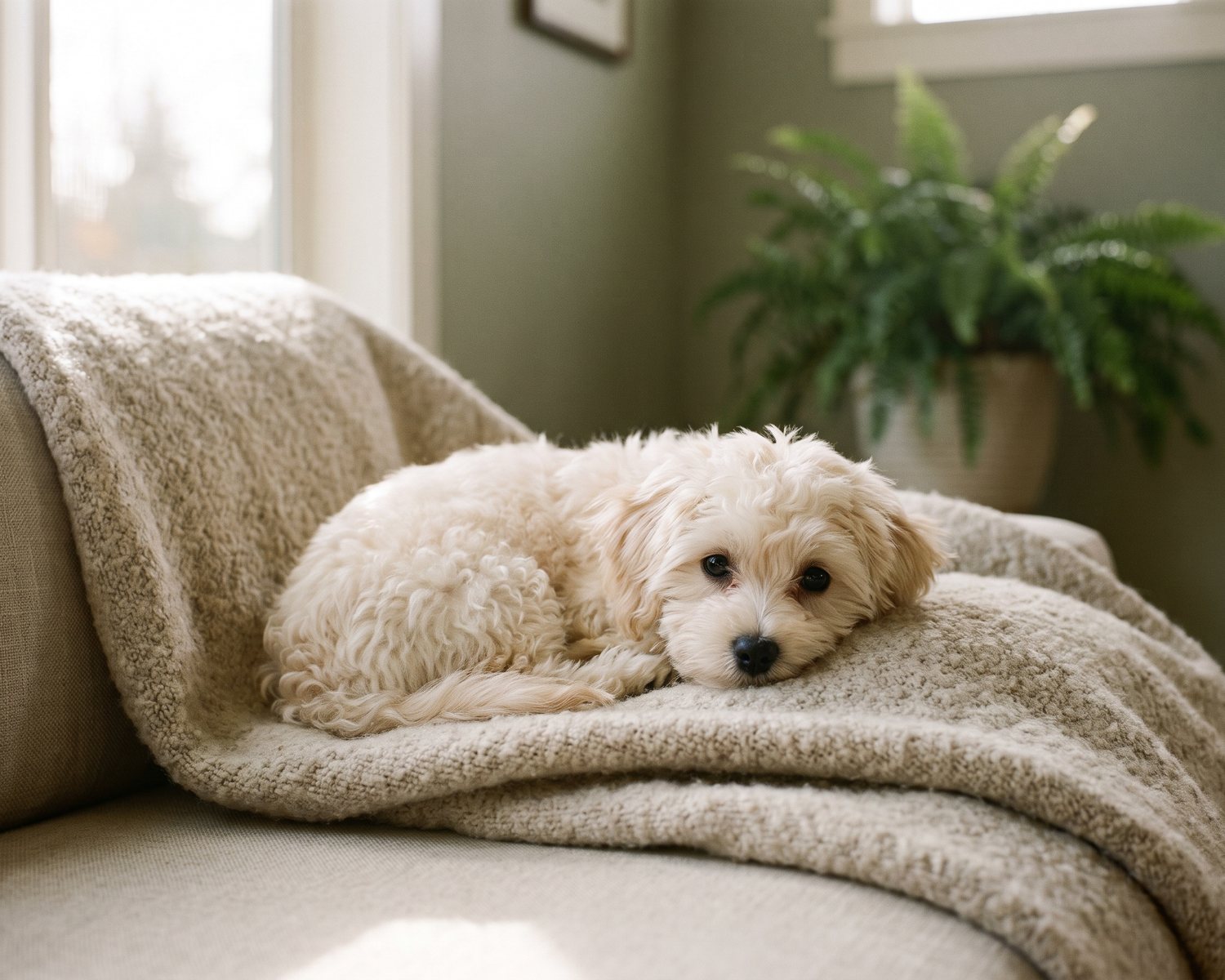 Healthy cream Maltipoo puppy resting on a wool blanket in a sunlit living room