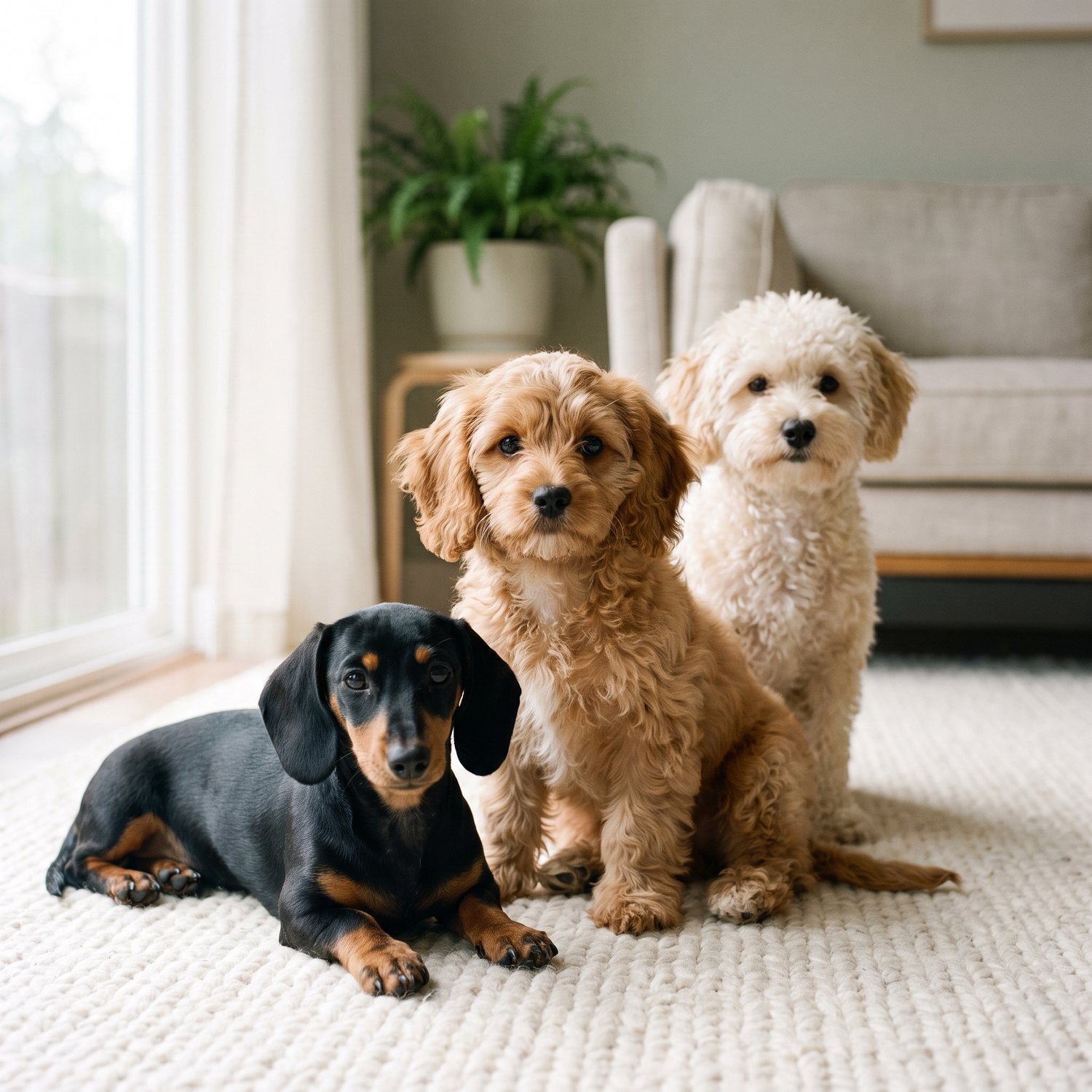 A Maltipoo, a Cavapoo and a Dachshund puppy together on a wool rug in a bright Pacific Northwest home