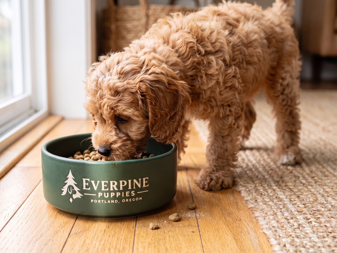 Cavapoo puppy eating from an Everpine branded deep green ceramic bowl