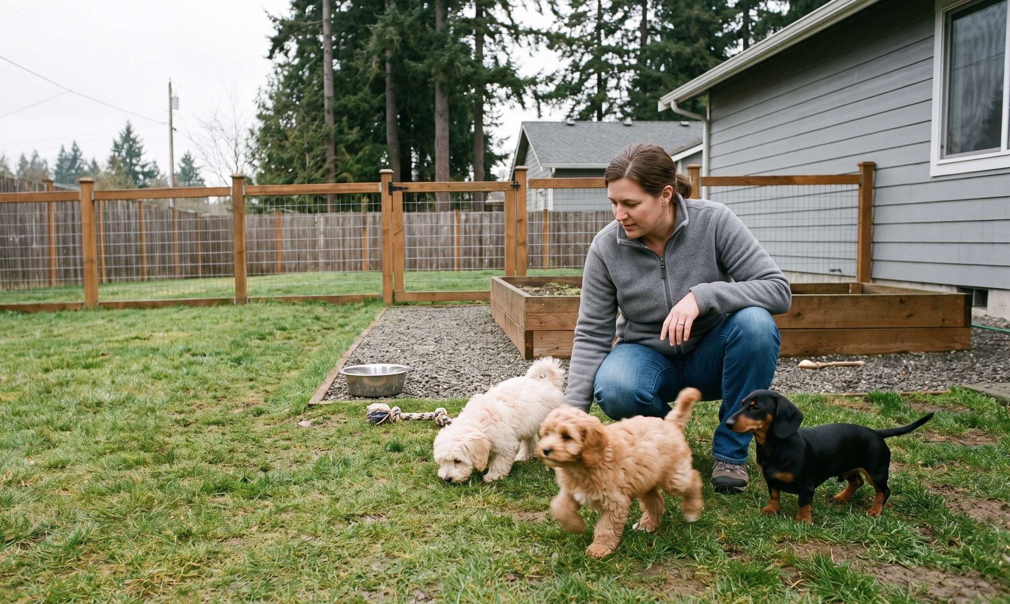 An Everpine caretaker crouching on the lawn of the fenced yard at the Portland property with a Maltipoo, a Cavapoo and a Dachshund puppy