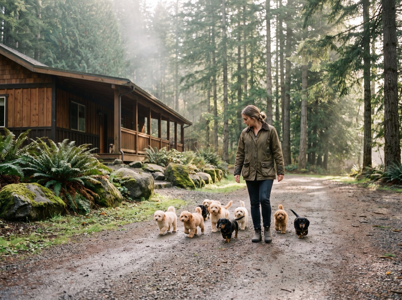 A trainer walking a small group of puppies along a forest path beside the Everpine lodge