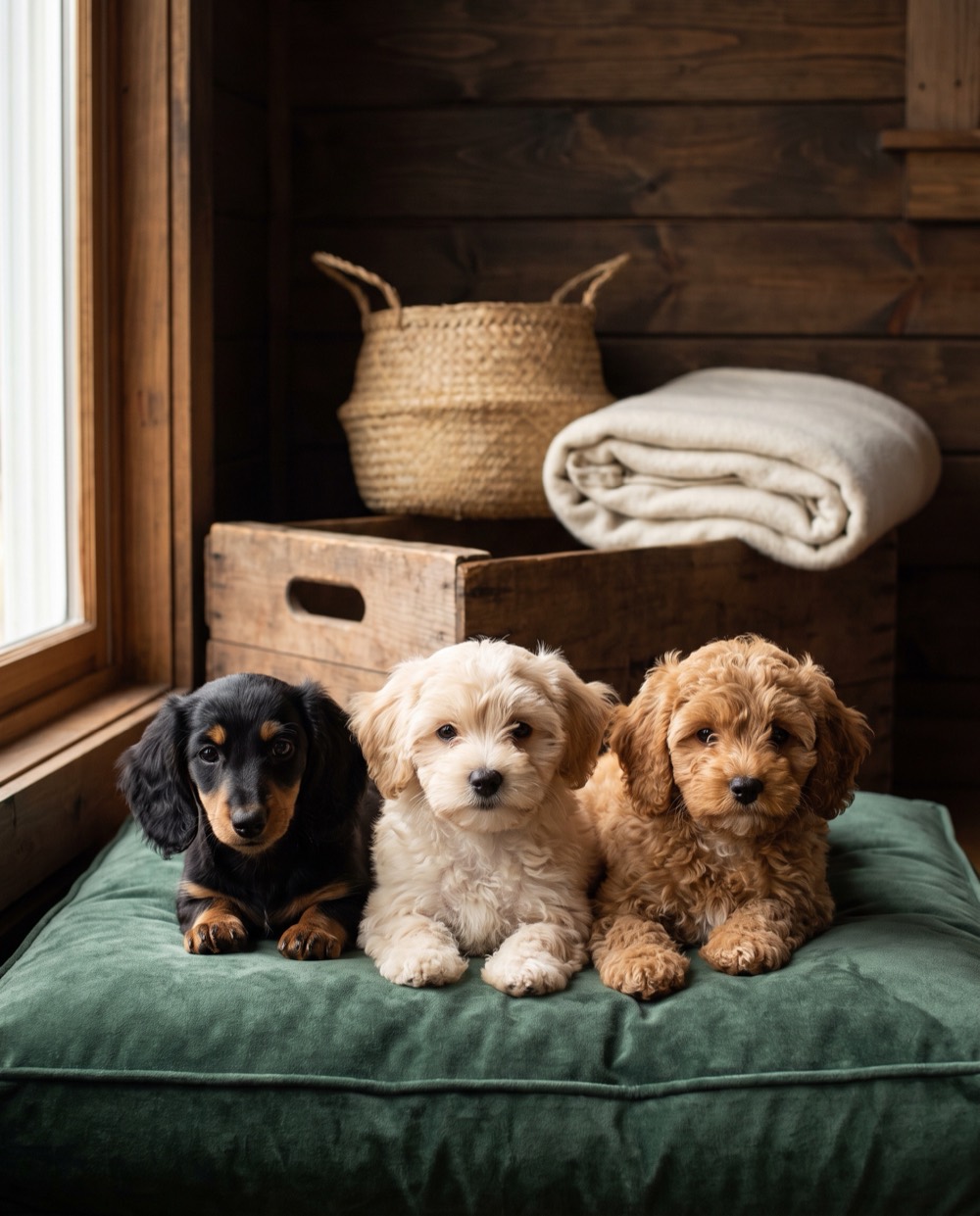 A Maltipoo, a Cavapoo and a Dachshund puppy resting together on a cushion in the Everpine training room