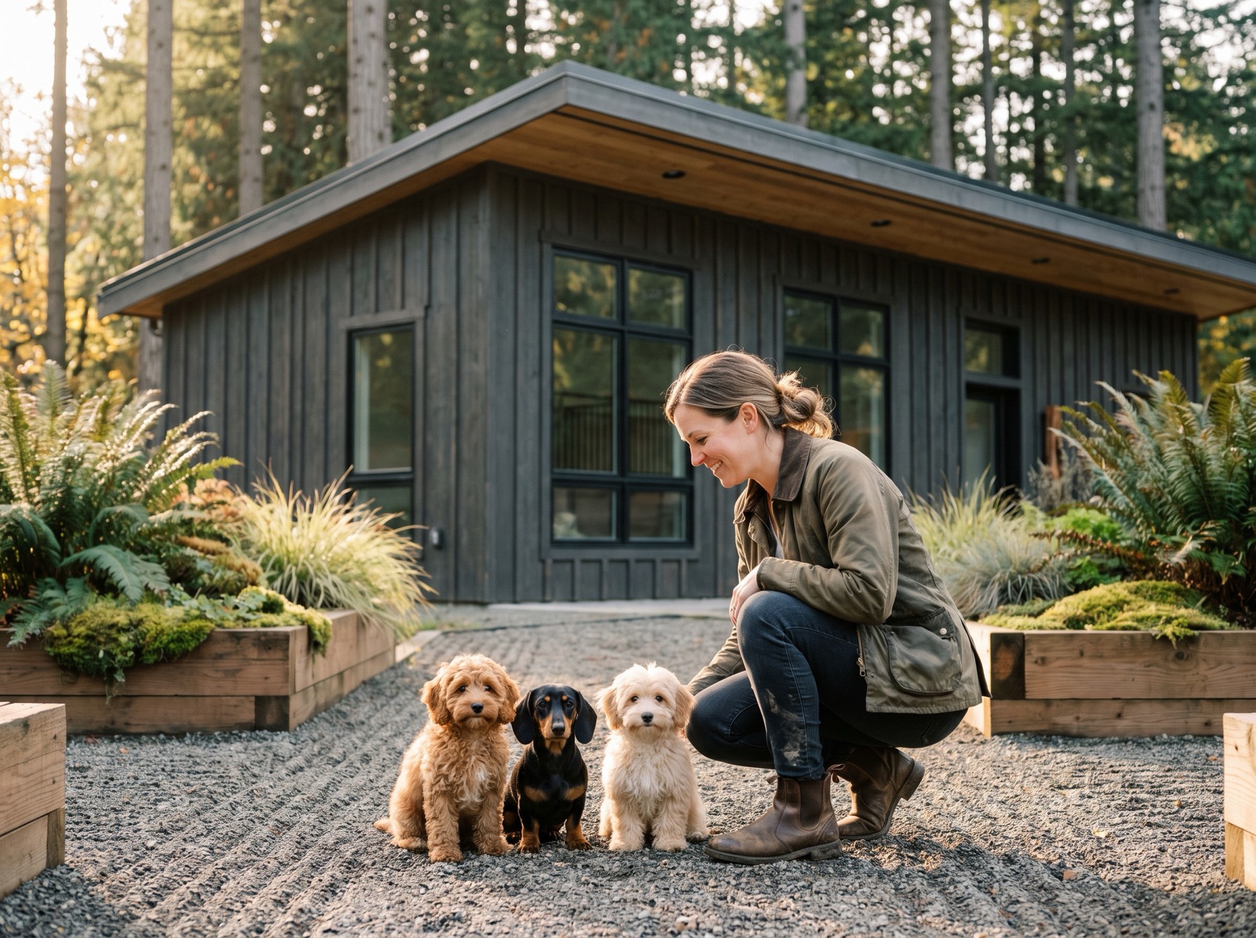 An Everpine trainer kneeling on a gravel path with three small puppies outside the Portland kennel building