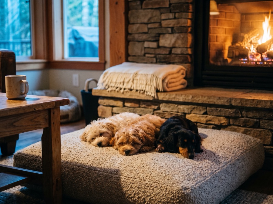 Puppies resting on a large cushion beside a lit stone fireplace
