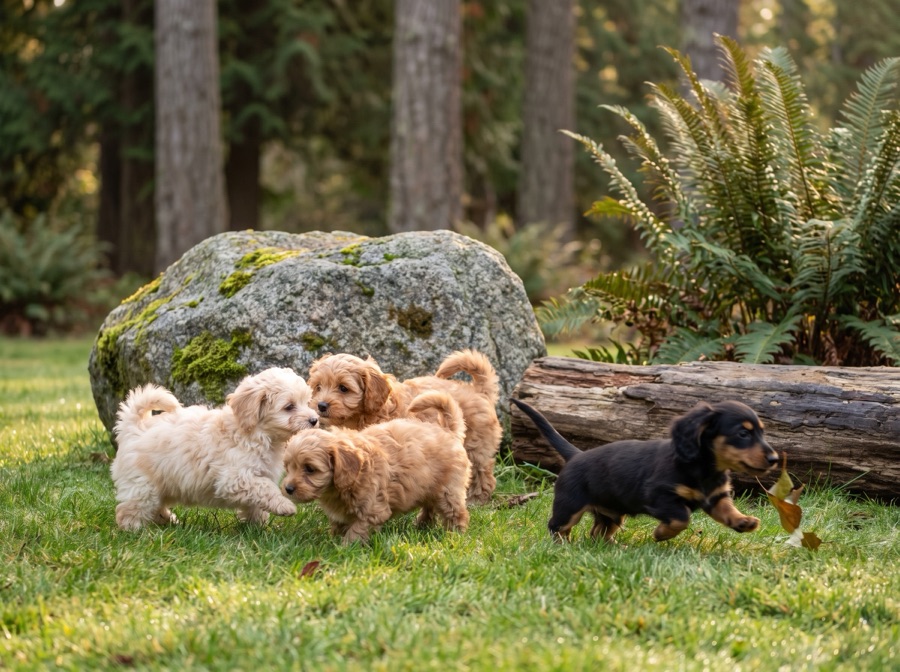 Puppies playing on a mown lawn edged with mossy boulders