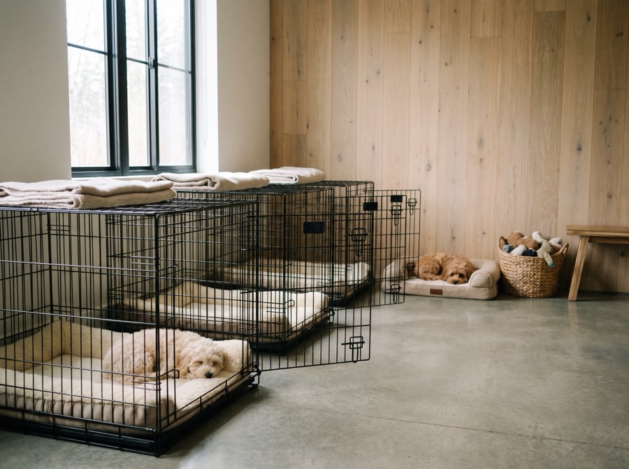 A clean indoor kennel room with soft bedding in open crates
