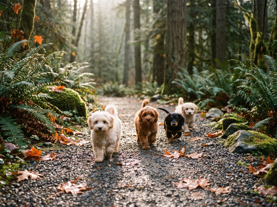 A small group of puppies walking together along a gravel path