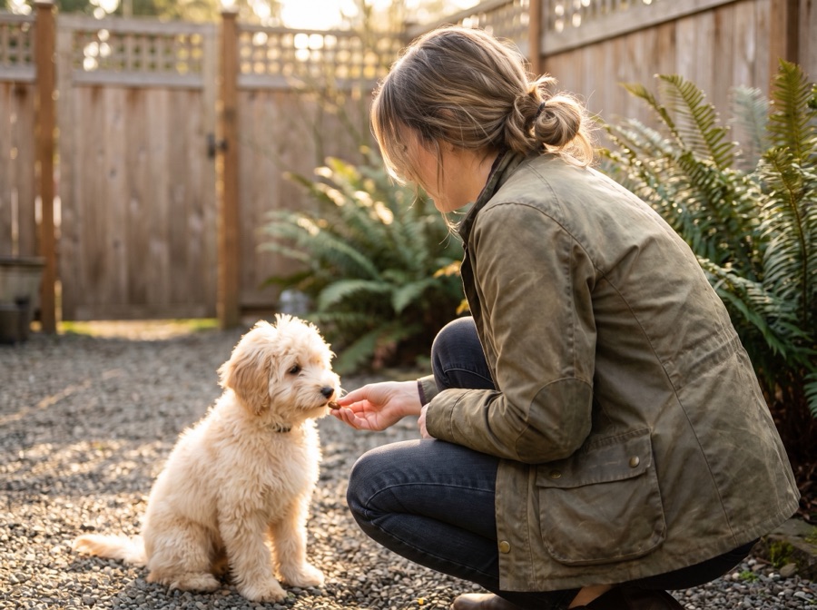 A trainer rewarding a small puppy during a gentle training session