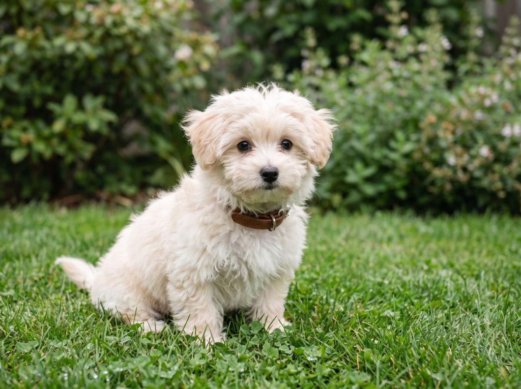 A cream Maltipoo puppy standing on grass in a Portland garden