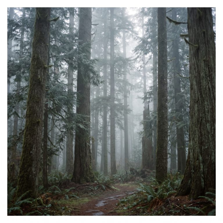 Misty evergreen forest in the Pacific Northwest