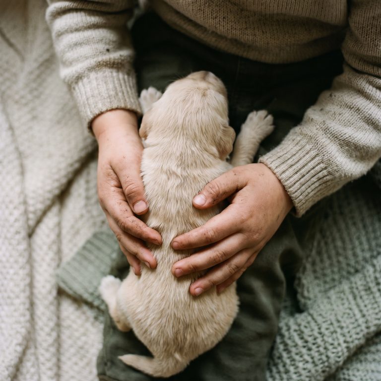 Hands gently holding a small puppy