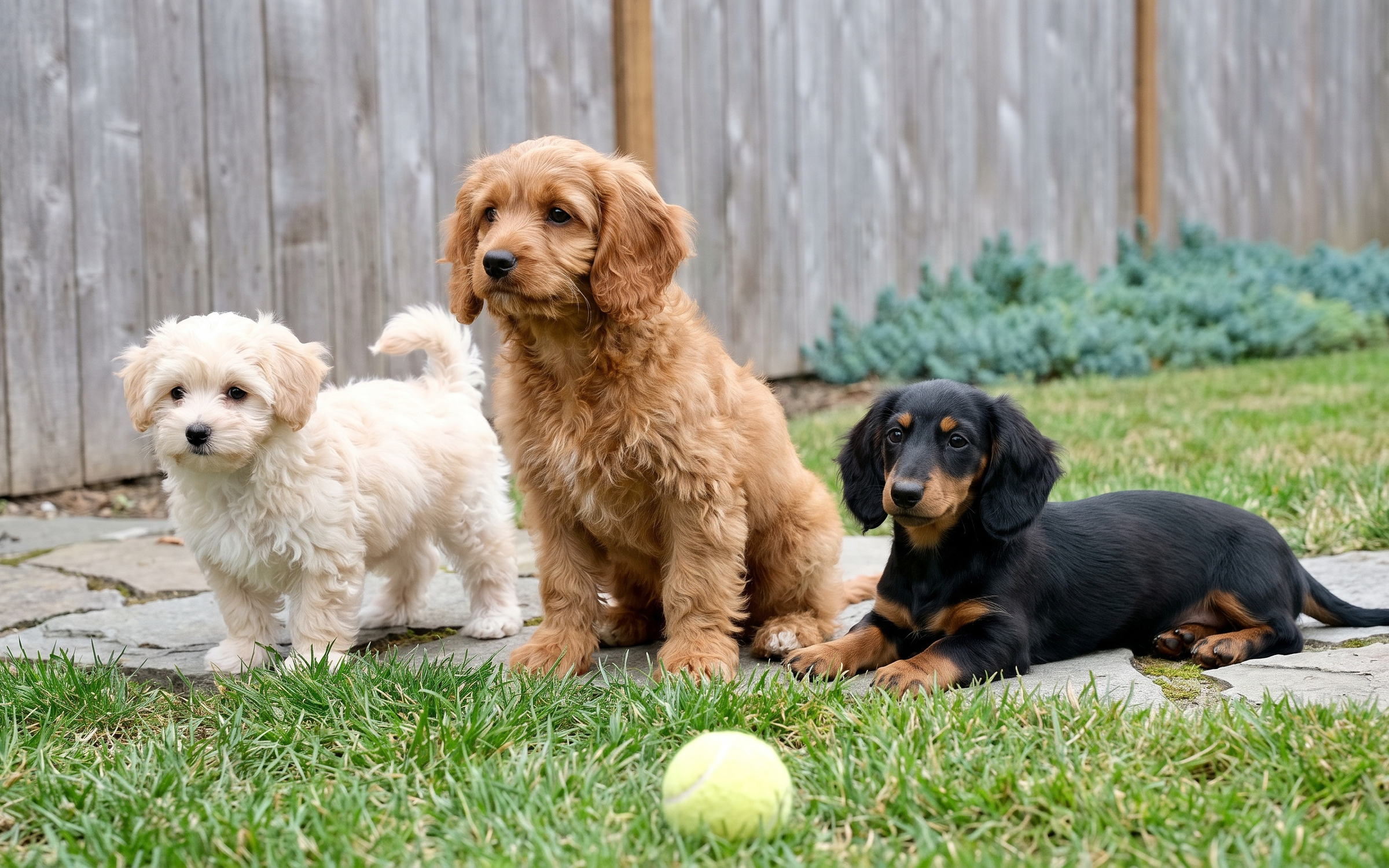 A cream Maltipoo puppy, an apricot Cavapoo puppy and a black and tan Miniature Dachshund puppy together on the flagstone and lawn of the Everpine yard in Portland, Oregon