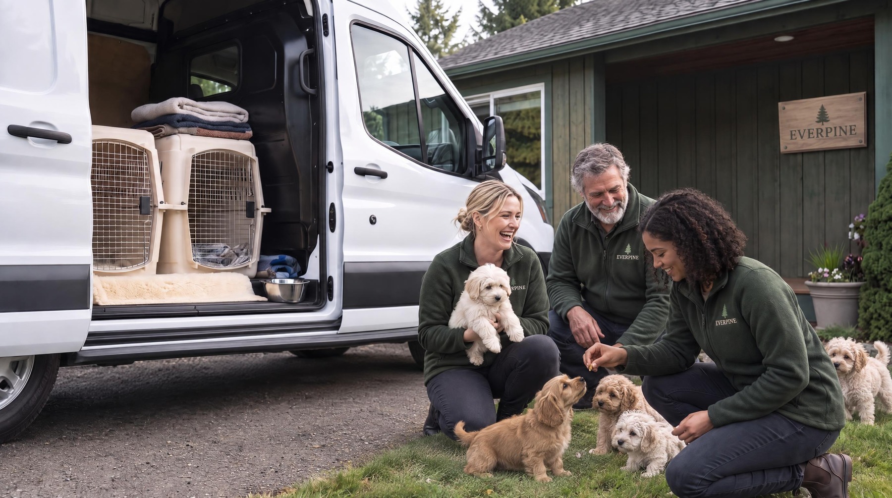 Everpine staff with maltipoo, cavapoo and dachshund puppies beside the delivery van at the Portland farm