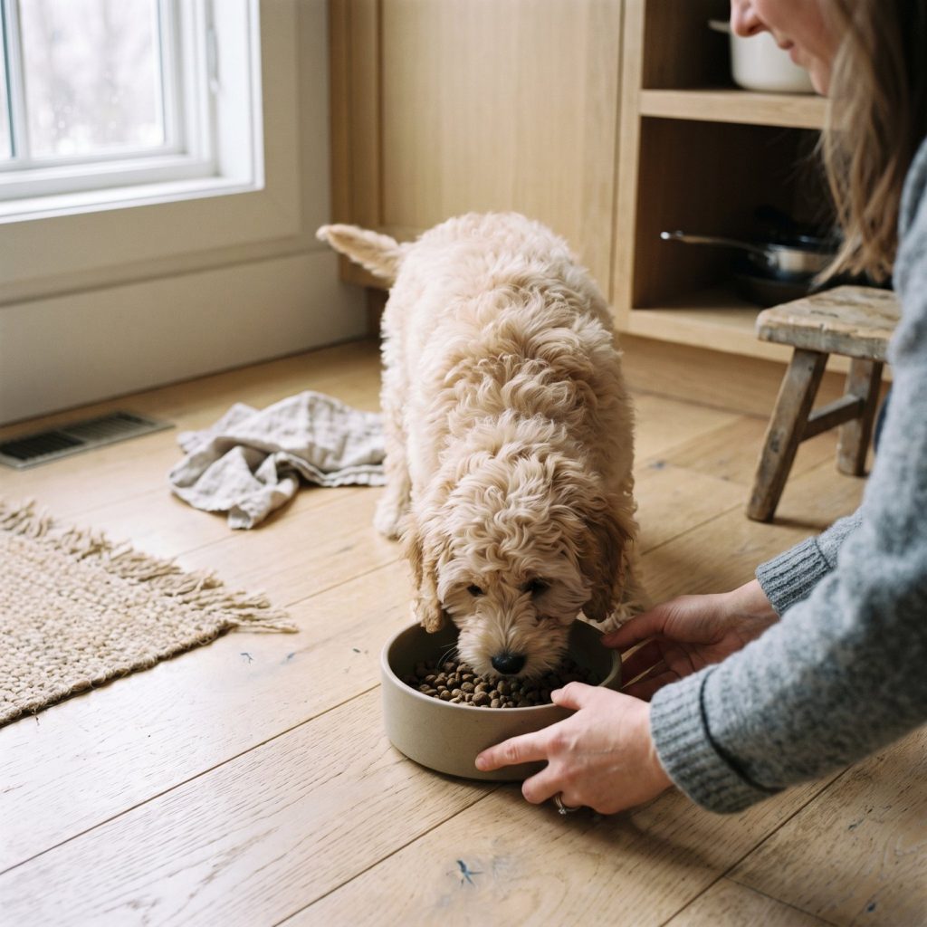 A Cavapoo puppy eating from a bowl on the kitchen floor while a member of the Everpine family sets down the dish