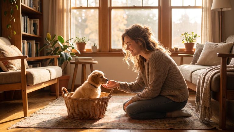 A young adult meeting a small puppy for the first time in a bright home
