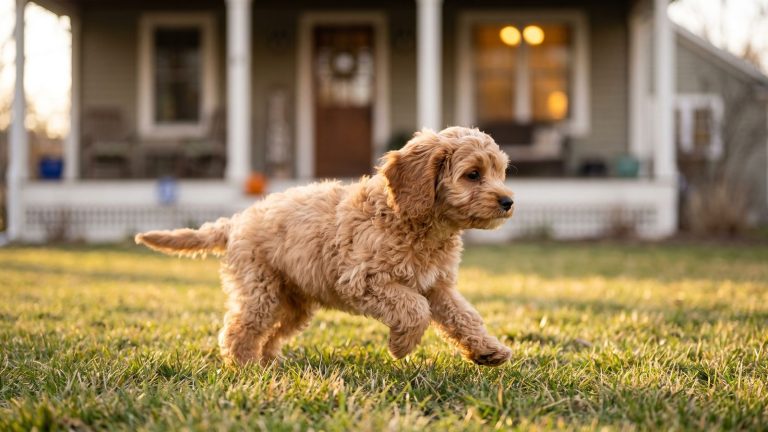 Apricot Cavapoo puppy trotting across a sunlit backyard lawn