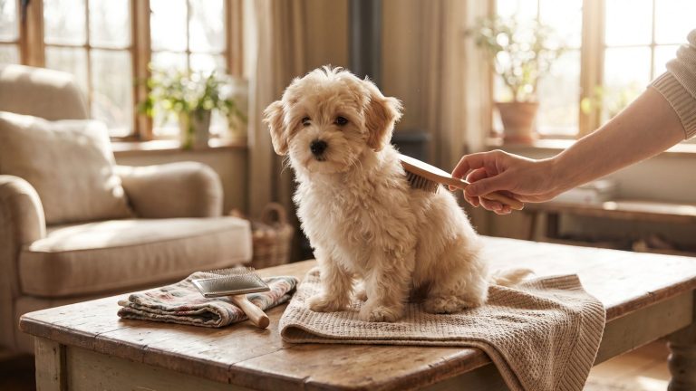 Cream Maltipoo puppy being brushed on a wooden table with grooming tools nearby