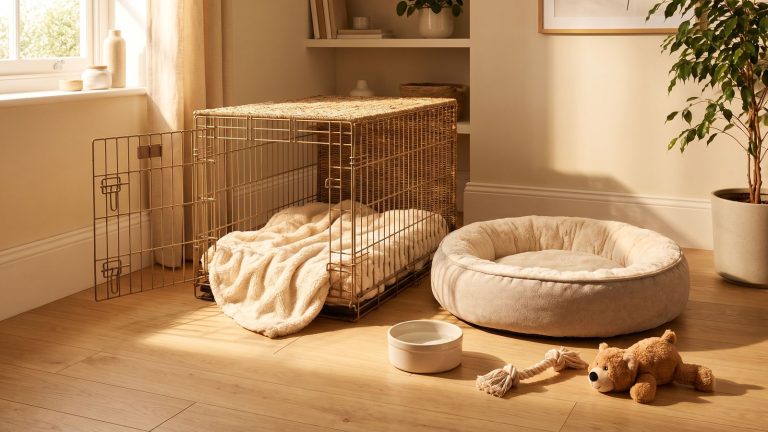A home corner set up for a new puppy with a crate, bed and bowls