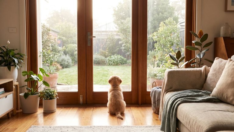 A calm puppy held gently in a softly lit veterinary setting
