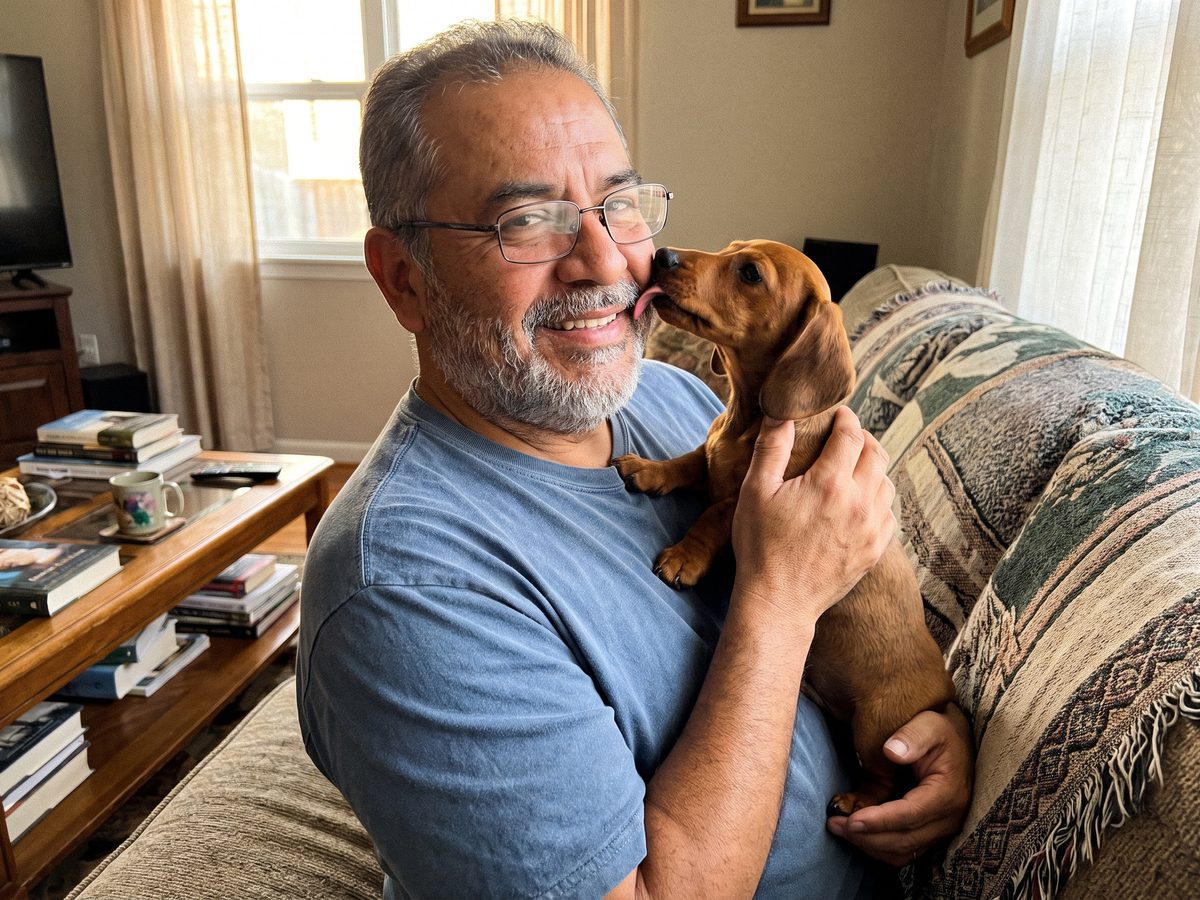 Curtis with their Dachshund Franklin
