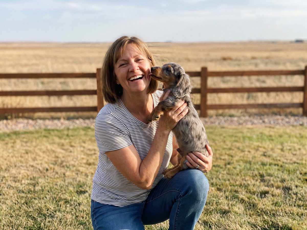 Laura with her Dachshund puppy Clover in the yard