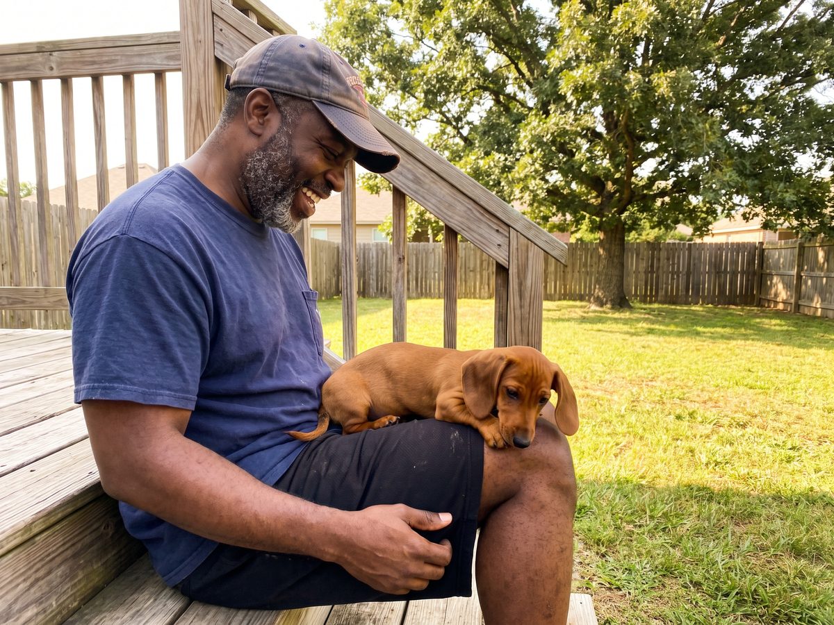 Patrick with their Dachshund Duke