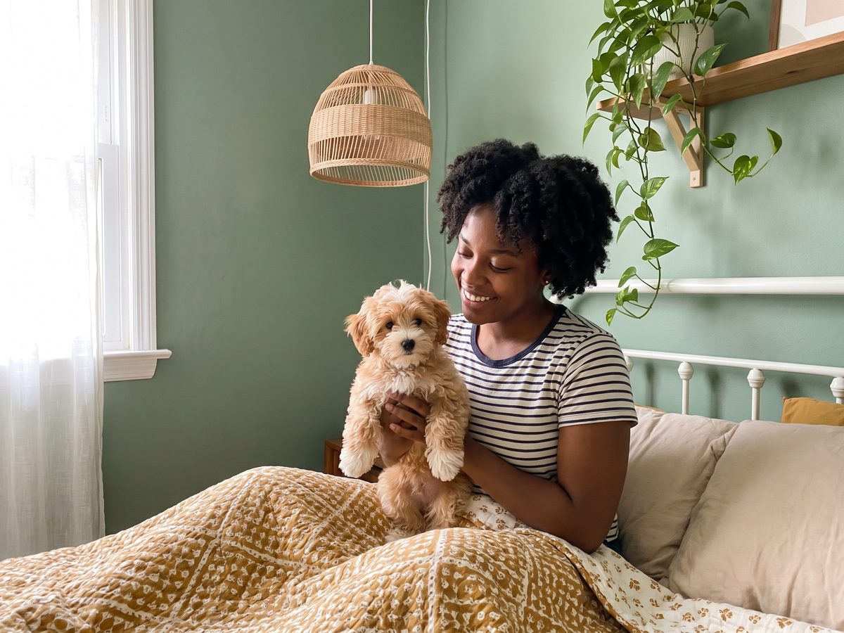 Reese with her Maltipoo puppy Toby at home