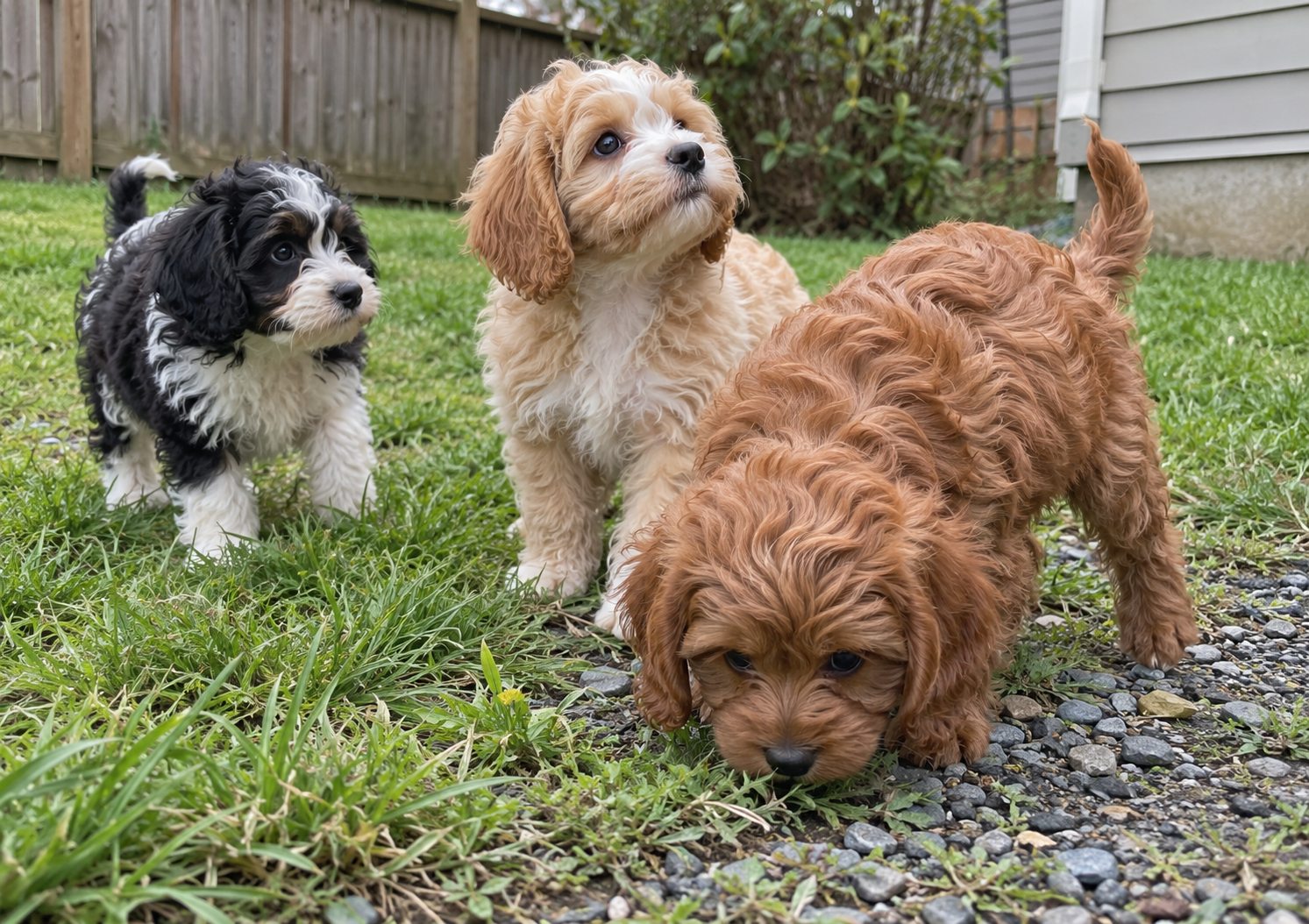 Illustrative image of three Cavapoo puppies, black and white, apricot and red, playing on a lawn