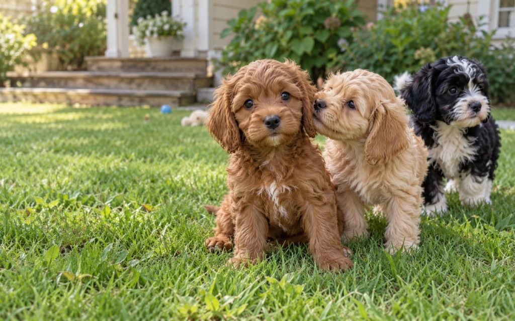 Illustrative image of three Cavapoo puppies, red, apricot and black-and-white, on a sunny lawn